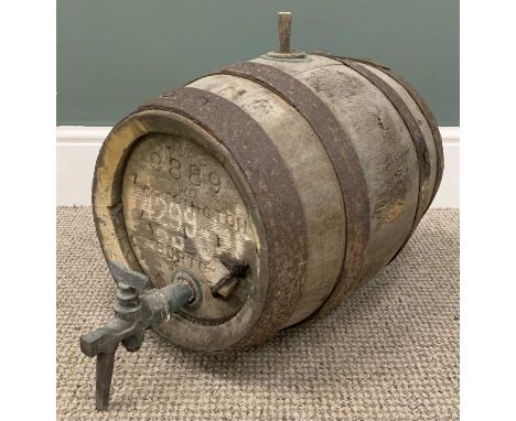 VINTAGE WOODEN ALE BARREL, mental banded with tap and inscribed "Worthingtons, Burton", 54 (h) with tap x 33cms (diam.)Proven