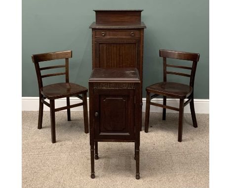 FOUR ITEMS OF OCCASIONAL FURNITURE including bow front mahogany rail-back music cabinet, single frieze drawer, ring-pull hand