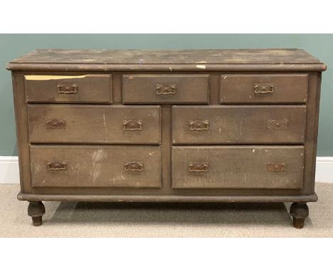 VINTAGE SCUMBLE PAINTED CHEST of three short, four long drawers, Art Nouveau type metal backplates and swing handles, turned 