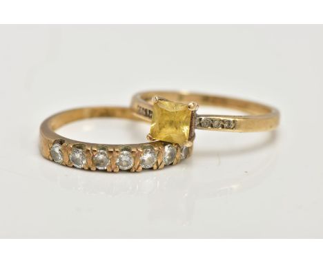 A 9CT GOLD DIAMOND HALF ETERNITY RING AND ONE OTHER, the first designed with a row of seven round brilliant cut diamonds in a