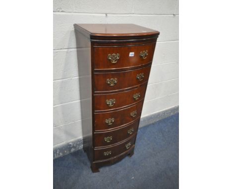 A TALL REPRODUCTION MAHOGANY BOWFRONT CHEST OF SIX DRAWERS, on bracket feet, width 47cm x depth 35cm x height 124cm (conditio