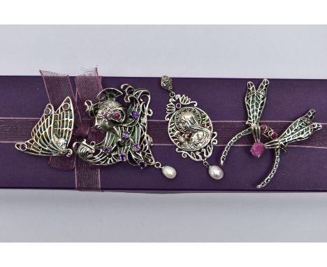 WHITE METAL PLIQUE A JOUR ENAMEL JEWELLERY ITEMS, to include a white metal religious pendant set with marcasite and detailed 