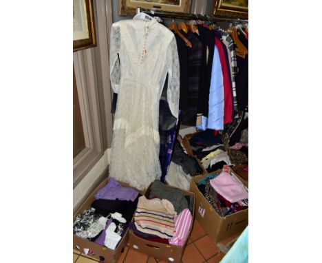 A QUANTITY OF LADIES CLOTHING IN SIX BOXES AND LOOSE, including a second half 20th century homemade wedding dress, an M &amp;