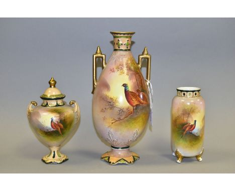 THREE FIELDINGS CROWN DEVON VASES, decorated with pheasants by J Coleman, comprising an ovoid vase with rectangular gilt hand