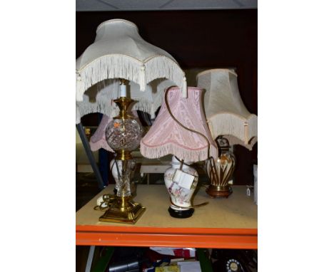 FOUR TABLE LAMPS, late twentieth century / contemporary with shades, comprising a brass and glass bodied lamp height 57.5cm, 