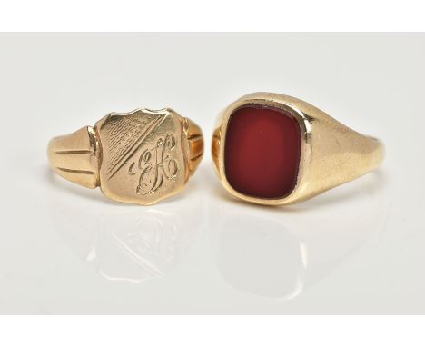 TWO 9CT GOLD SIGNET RINGS, the first set with a square cut carnelian, leading onto a tapered polished band, hallmarked 9ct Lo