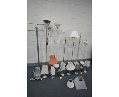 A SELECTION OF LIGHTING of sizes, styles and materials, to include six standard lamps, and ten table lamps, along with a chro