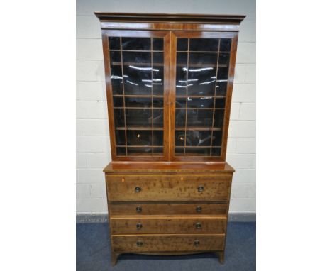 A LATE 19TH/EARLY 20TH CENTURY GEORGIAN STYLE MAHOGANY SECRETAIRE BOOKCASE, overhanging cornice, to double astragal glazed do