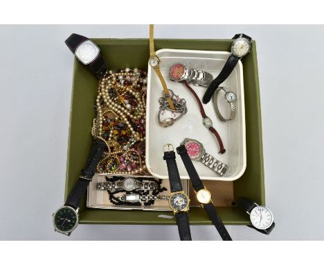 A SELECTION OF WATCHES AND COSTUME JEWELLERY, to include a black glass stylised bead necklace, a 'Fossil' wristwatch, the cir