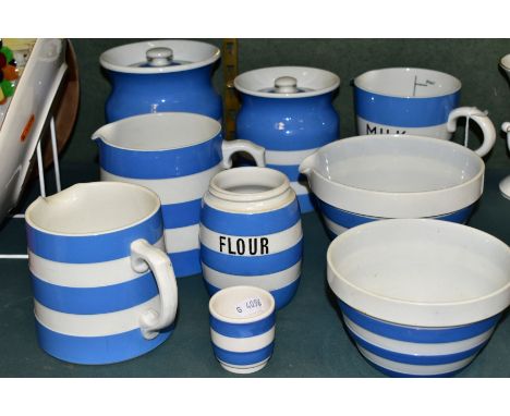 NINE PIECES OF T.G. GREEN CORNISHWARE, comprising two storage canisters heights 13cm and 15.5cm (latter has a small repair to