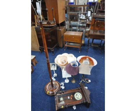 A MAHOGANY VIENNA WALL CLOCK (winding key) along with a selection of lighting to include an oak standard lamp, four table lam
