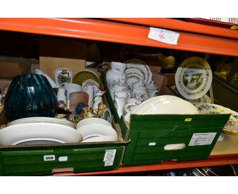 TWO BOXES AND LOOSE CERAMICS, ETC, including an Aynsley 'Pembroke' pattern pedestal cake plate (glue visible to join between 