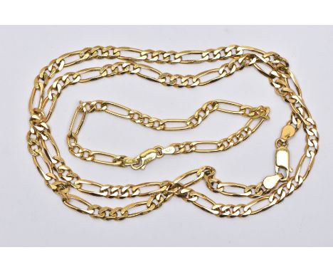 A 9CT GOLD FIGARO CHAIN AND YELLOW METAL FIGARO CHAIN, the first a yellow gold chain necklace, approximate length 560mm, hall
