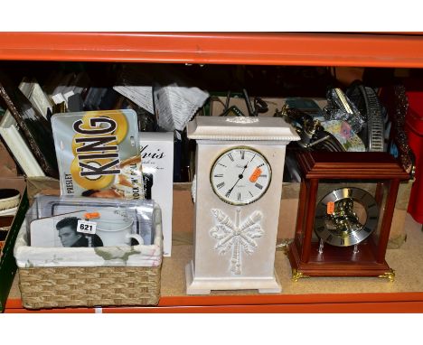 TWO BOXES AND LOOSE CLOCKS, METALWARES, PICTURE FRAMES AND ELVIS PRESLEY MEMORABILIA, to include two modern mantel clocks, wa