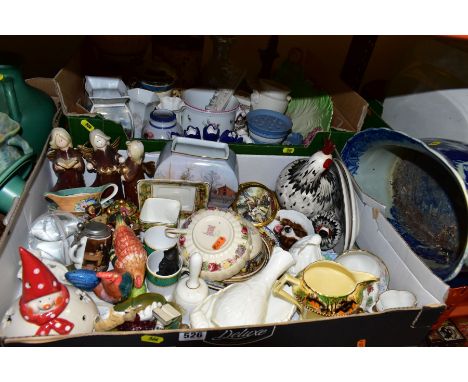 TWO BOXES OF CERAMICS AND ONE LOOSE ITEM, comprising of a blue and white 'Victoria Ware' ironstone planter, length 38cm x dep