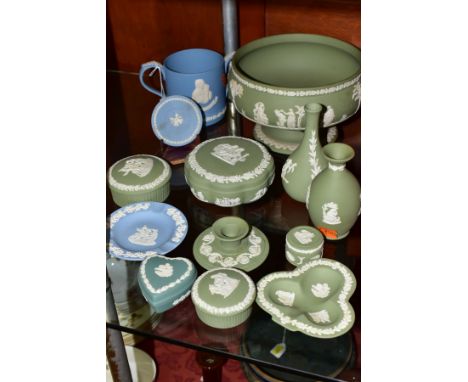 THIRTEEN PIECES OF WEDGWOOD JASPERWARE, mostly in green, including a pale blue limited edition loving cup 'To Celebrate the v