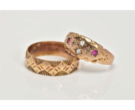 A 9CT GOLD BAND RING AND A GEM SET RING, wide textured band, approximate band width 5.5mm, hallmarked 9ct Birmingham, ring si