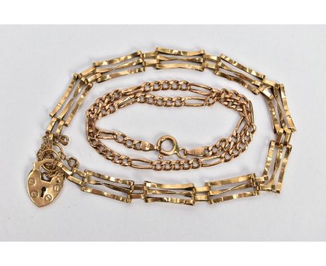 TWO 9CT GOLD BRACELETS, the first a three bar gate bracelet, fitted with a heart padlock clasp unmarked, jump ring with a rub