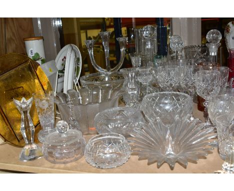 A QUANTITY OF CUT CRYSTAL, CRANBERRY GLASS AND OTHER GLASSWARES, approximately sixty pieces to include three Nachtmann crysta