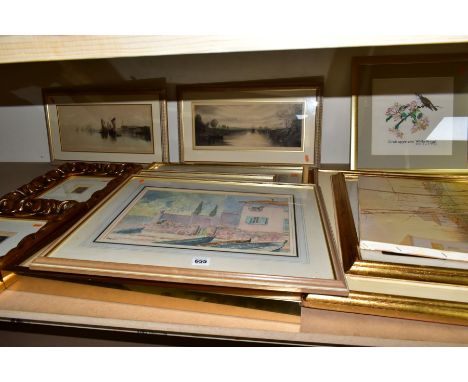 DECORATIVE PAINTINGS AND PRINTS ETC, comprising two watercolours 'Villa by the sea' and 'Brantome, Dordogne' signed Suffield,