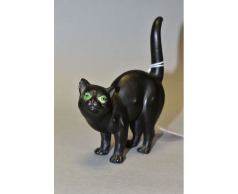 A WEDGWOOD ETRURIA BLACK BASALT CAT WITH GREEN GLASS EYES DESIGNED BY ERNEST LIGHT, impressed marks, height 11.5cm (Condition