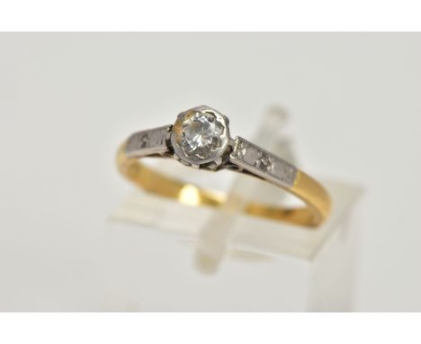 A YELLOW AND WHITE METAL SINGLE STONE DIAMOND RING, collet mounted round brilliant cut diamond, estimated diamond weight 0.25