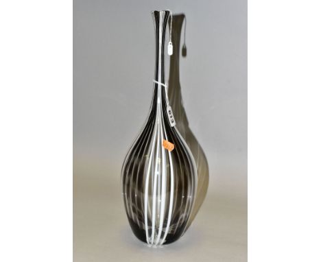 A TWISTS GLASS POD VASE DESIGNED BY MICHAEL JAMES HUNTER, of elongated form, narrow neck and black and white vertical stripes