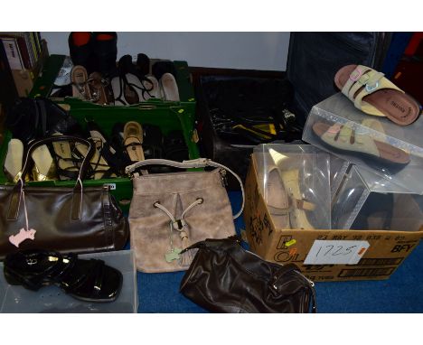 THREE BOXES OF LADIES SIZE FIVE SHOES, to include M&amp;S and Clarks sandals, shoes and boots, (all well-worn), a suitcase co