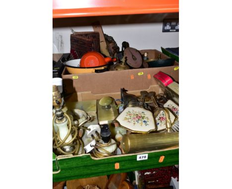 TWO BOXES OF MIXED METALWARE, to include a Salter spring balance scales, a coffee grinder, ten pieces of onyx desk ware inclu