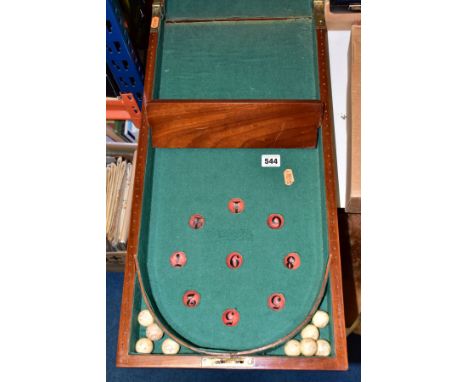 A VICTORIAN MAHOGANY CASED, 'BAGATELLE' BOARD, brass hinged, length 1.27m when opened, with nine marble balls, green baize (w