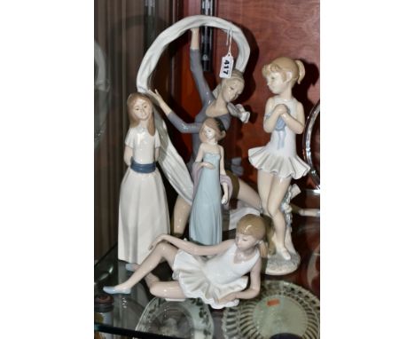 A LLADRO FIGURE OF A LADY, THREE NAO FIGURES ANOTHER SPANISH PORCELAIN FIGURE, the Lladro 'Ingenue', no. 5487, sculpted by Jo