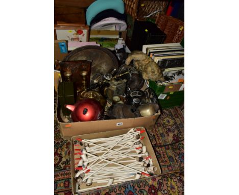 FOUR BOXES AND LOOSE METALWARES, TEDDY BEAR, LPS, WICKER HAMPERS, ETC, including over thirty reproduction clay pipes printed 