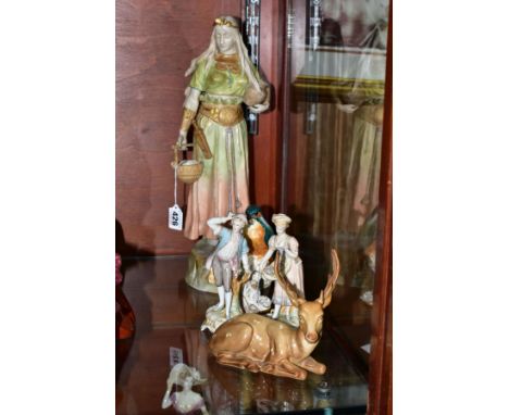 A 'ROYAL VIENNA' ART NOUVEAU STYLE FIGURE OF A MAIDEN AND FOUR OTHER CERAMIC ITEMS, the Royal Vienna figure painted and impre