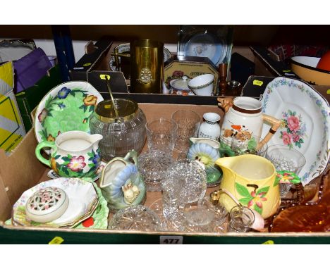 TWO BOXES CONTAINING MIXED GLASSWARE AND CERAMICS, to include two 1917 trench art tankards (North Staffordshire regiment insi