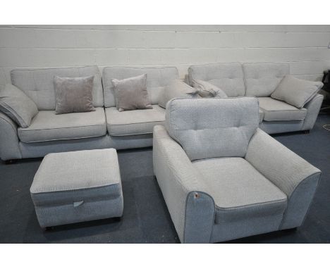 A DFS BEIGE UPHOLSTERED THREE PIECE LOUNGE SUITE, comprising a three seater settee, length 220cm, a two seater settee, length