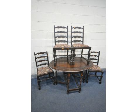 A 20TH CENTURY OAK BARLEY TWIST GATE LEG TABLE, open length 123cm x closed length 45cm x depth 92cm x height 74cm, and four c