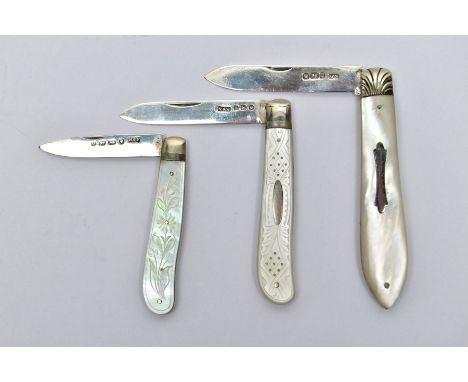 THREE SILVER FRUIT KNIVES, three silver bladed fruit knives with mother of pearl handles, the first hallmarked 'Villiers &amp