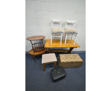 A PINE TRESTLE TABLE, length 123cm x depth 60cm x height 79cm, along with two painted chairs, Lloyd ottoman, pine stool, waln