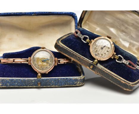 TWO 9CT GOLD LADIES WRISTWATCHES, the first a hand wound movement, patterned dial, Roman numerals, polished rose gold case, a