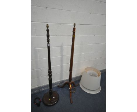 A MAHOGANY TRIPOD STANDARD LAMP, and another standard lamp, both with shade but no shade fittings (2)