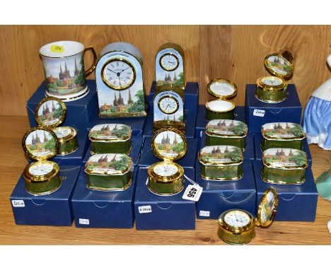 SIXTEEN BOXED PIECES OF AYSHFORD FINE BONE CHINA GIFTWARE PRINTED WITH A SCENE OF LICHFIELD CATHEDRAL FROM MINSTER POOL, and 