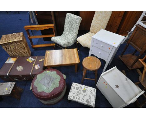 A SELECTION OF OCCASIONAL FURNITURE, to include a painted two drawer cabinet, a Victorian high back chair, a slipper chair, a