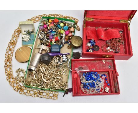 A BOX OF ASSORTED ITEMS, to include a red box with costume jewellery, small wooden figurines, beaded necklaces, trinket boxes