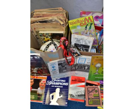 TWO BOXES OF FOOTBALL EPHEMERA AND MEMORABILIA, to include a quantity of 1970s Stafford Rangers football programmes including