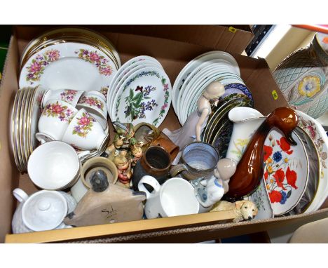 TWO BOXES CONTAINING MIXED CERAMICS AND GLASSWARE, including a floral Colclough tea set of six cups, saucers, tea plates and 