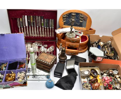 A BOX OF MISCELLANEOUS ITEMS, to include a multi storage wooden jewellery box, a mirror jewellery box, a small wooden box, va