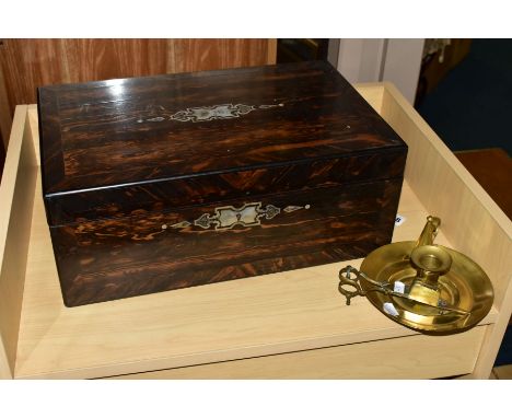 A VICTORIAN COROMANDEL AND MOTHER OF PEARL INLAID WRITING SLOPE, A BRASS CHAMBERSTICK AND BRASS SNUFFERS, the writing slope w
