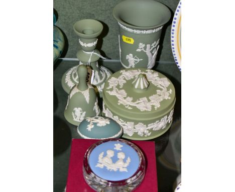 SIX PIECES OF WEDGWOOD JASPERWARE, comprising a boxed Wedgwood glass royal commemorative paperweight, a spruce green egg-shap