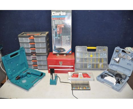 A SELECTION OF TOOLBOXES AND TOOLS to include three Stanley storage/toolboxes two containing tools, screws and bolts, red met