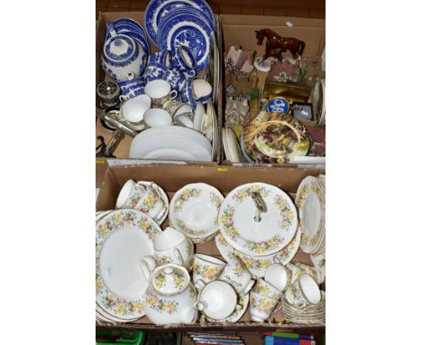 THREE BOXES OF CERAMICS, GLASS &amp; SUNDRIES, three boxes containing fifty-two pieces of Colclough bone china tableware, twe